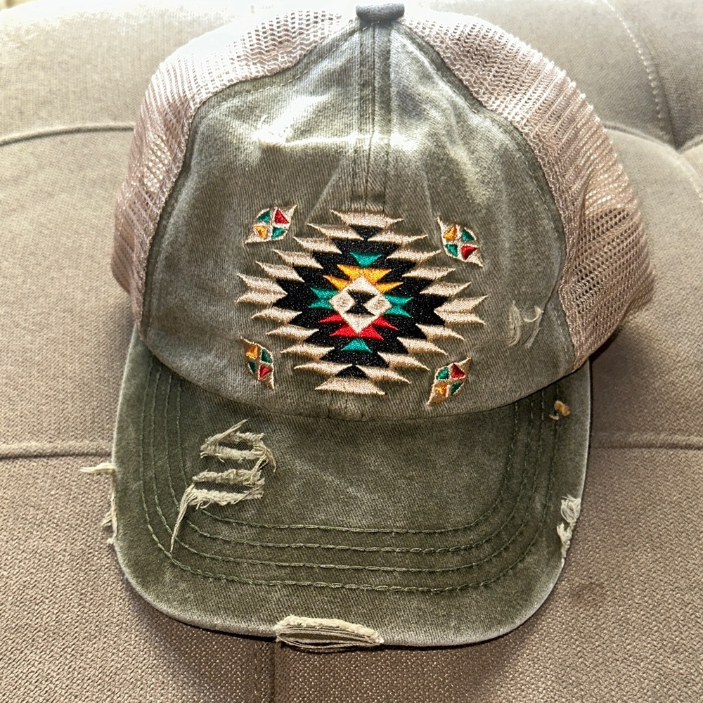 C.C Distressed Aztec Embroidered Trucker Hat - Olive and Tan